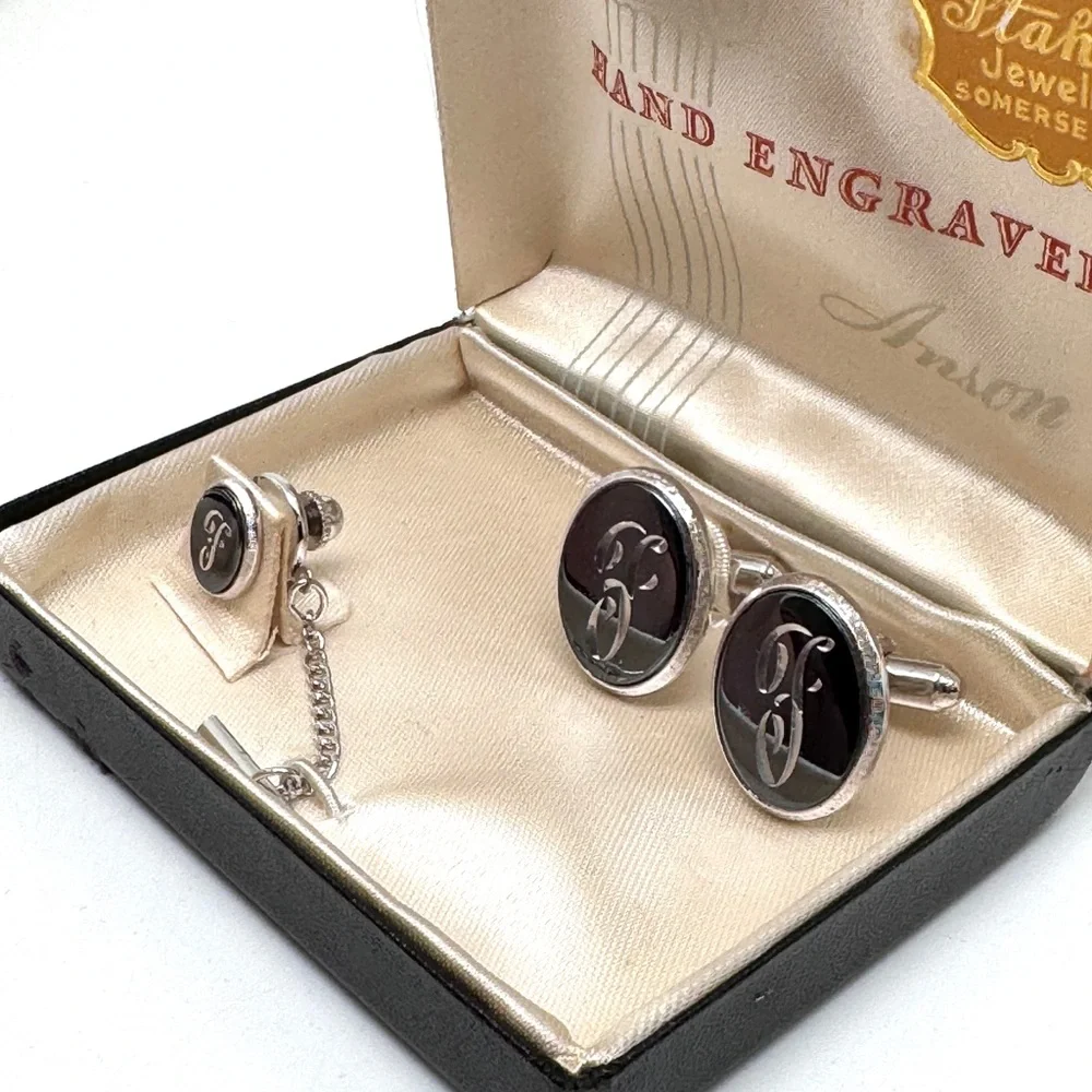 Vintage Anson F Engraved Silvertone Cufflinks and Tie Tack Set with Black Inlay